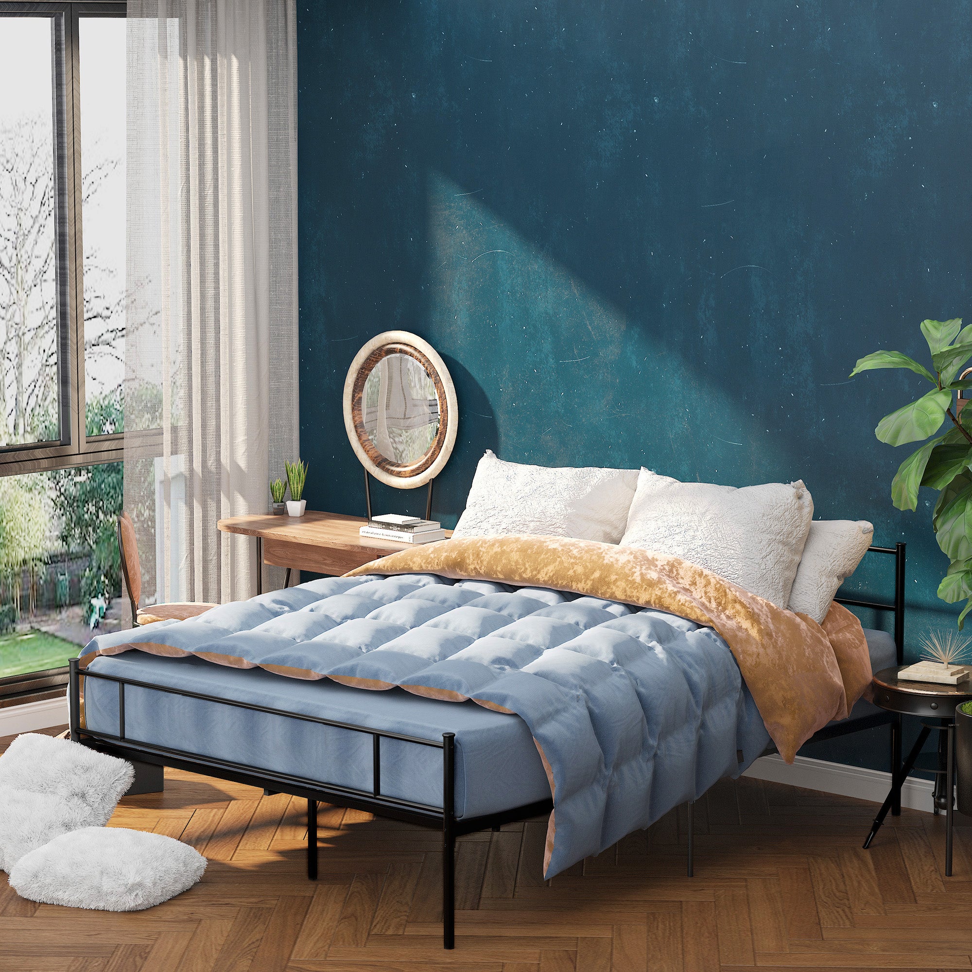 King Metal Bed Frame Solid Bedstead Base with Headboard and Footboard, Metal Slat Support and Underbed Storage Space, Bedroom Furniture, Black