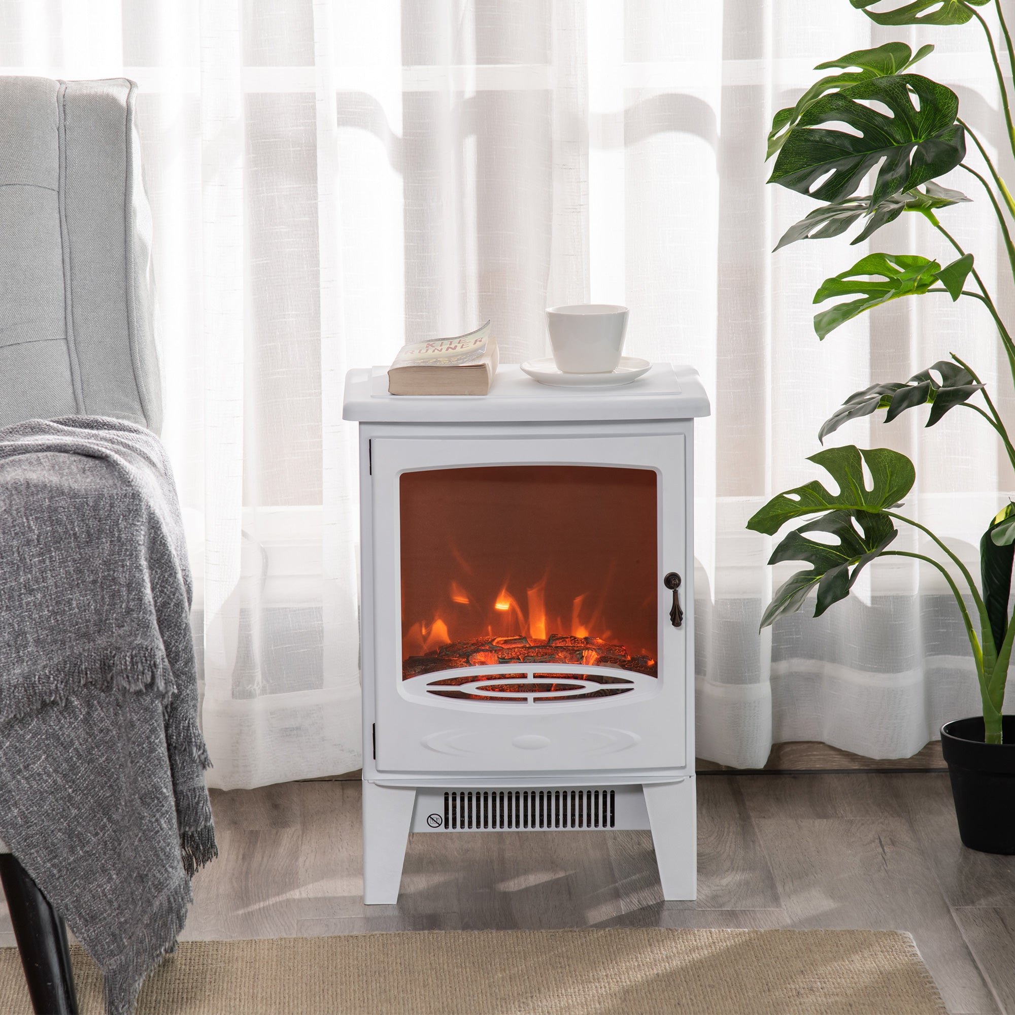 Fynco - Electric Fireplace Stove, Free standing Fireplace Heater with Realistic LED Flame Effect, Overheat Safety Protection, 900W/1800W, White