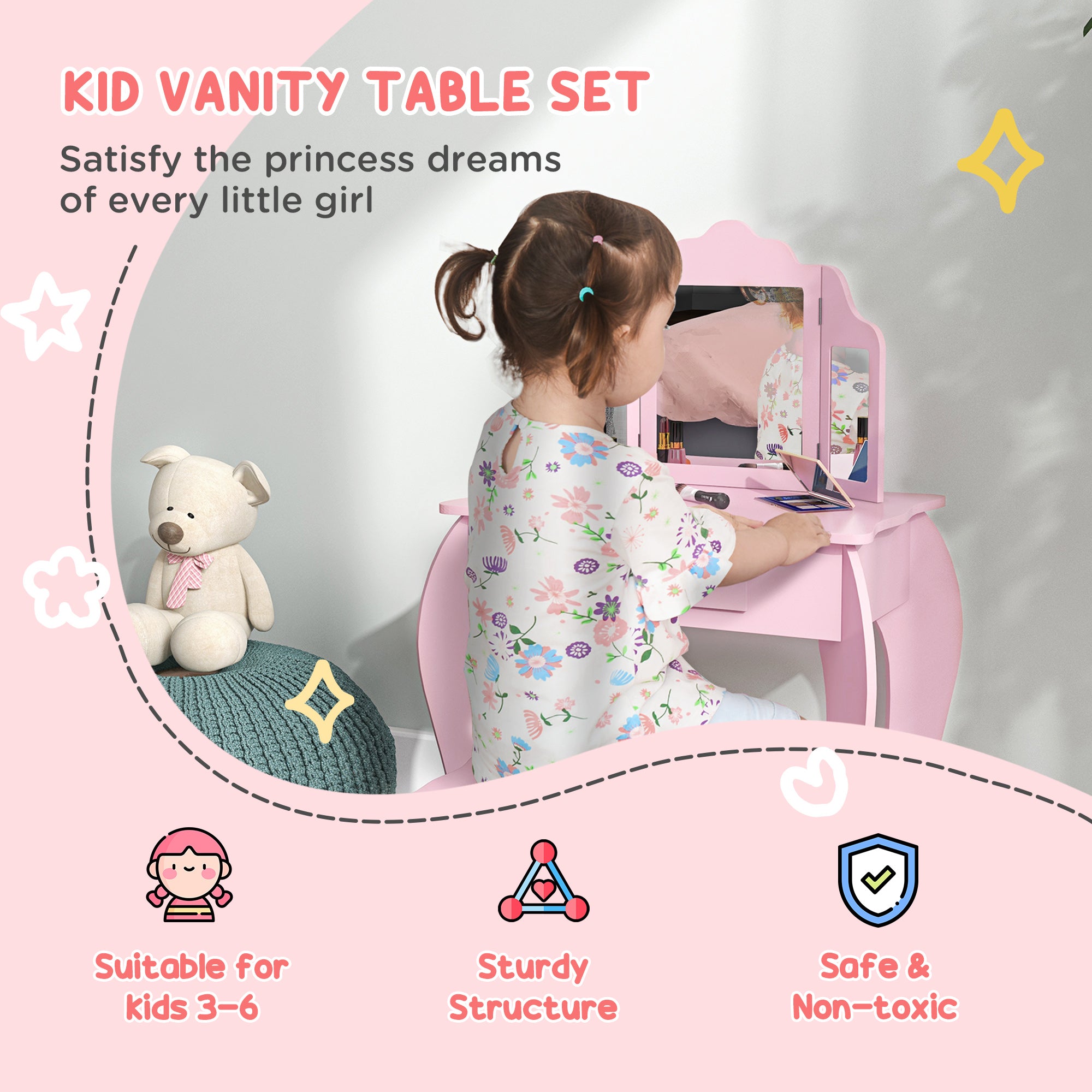 Fynco - Kids Vanity Table and Chair Set with Tri-Folding Mirror and Stool, Makeup Dressing Table with Drawer, Pink