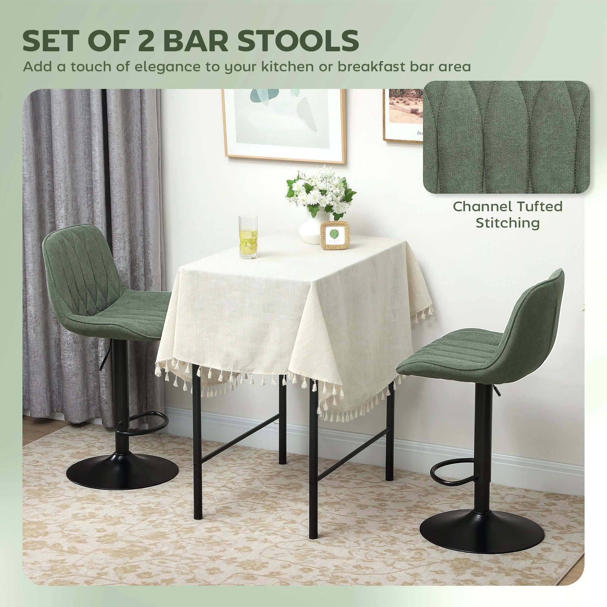 Set of Two Linen-Look Bar Stools - Green