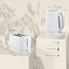 Kettle and Toaster Set, 1.7L 3000W Fast Boil Kettle & 2 Slice Toaster Kitchen Set with 6 Level Browning Controls, Defrost, Reheat, White
