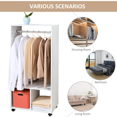 Open Wardrobe on Wheels, Bedroom Wardrobe with Clothes Hanging Rail, 2 Storage Shelves, Mobile Garment Rack for Cloakroom, Hallway, White