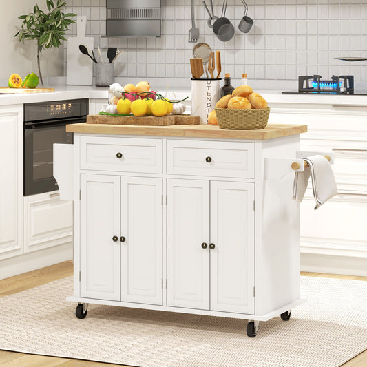 Rolling Kitchen Island Storage Trolley with Rubber Wood Top & Drawers for Dining Room, Cream White