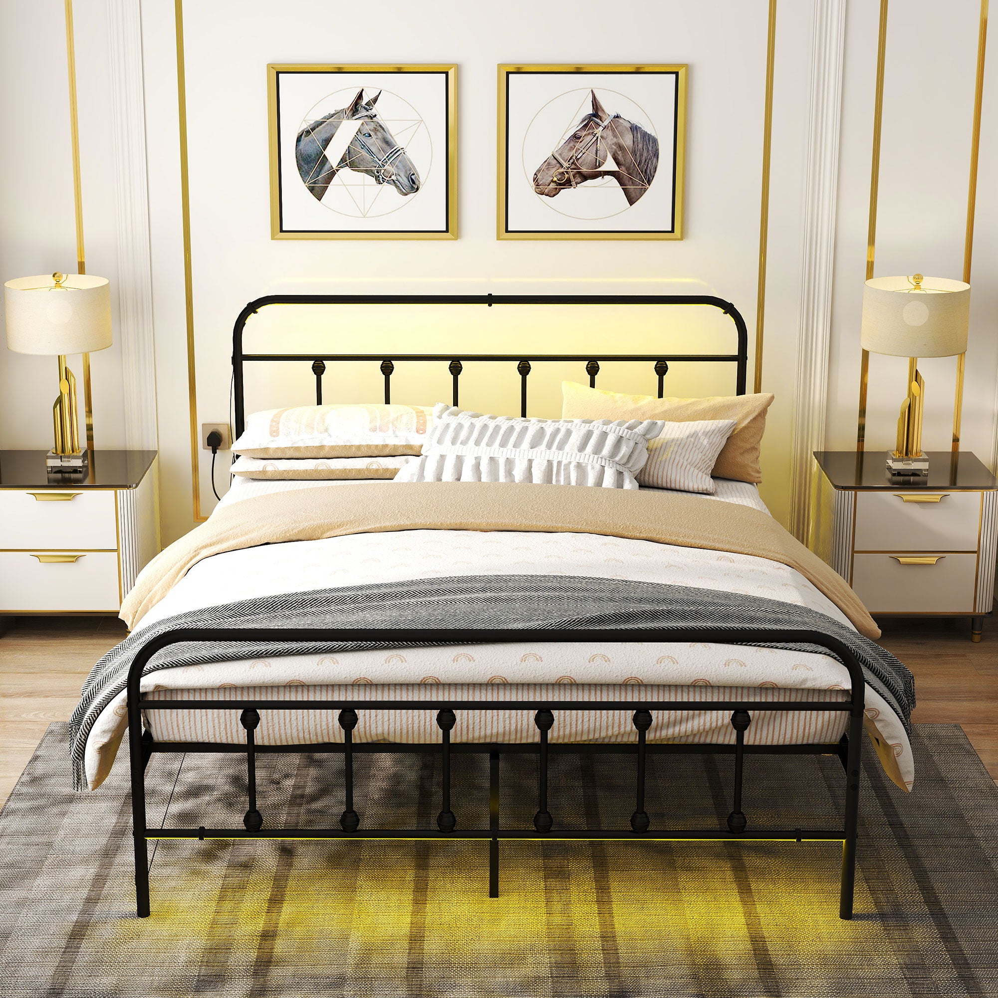 King Bed Frame with LED Lights and Charging Station, Metal Platform Bed Frame with Under Bed Storage, Black