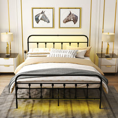 King Bed Frame with LED Lights and Charging Station, Metal Platform Bed Frame with Under Bed Storage, Black