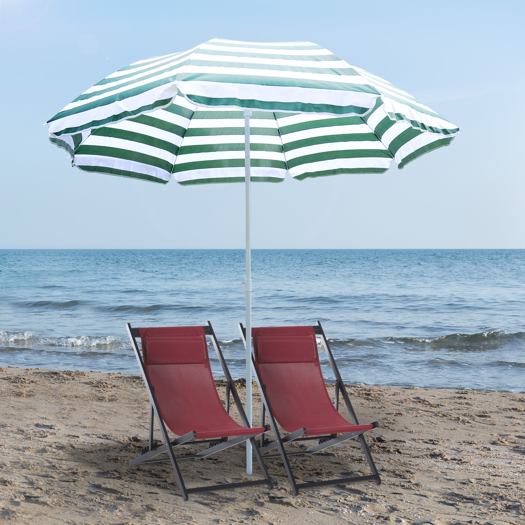 1.8m Beach Parasol Umbrella with Tilt Canopy, Lightweight Patio Garden Sunshade with 8 Ribs, Green & White Stripe