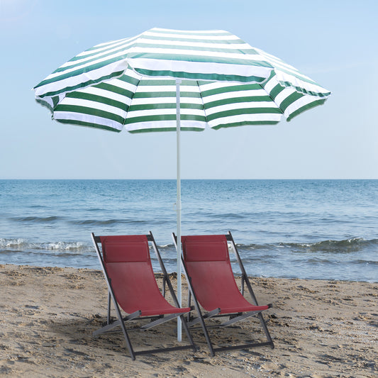 1.8m Beach Parasol Umbrella with Tilt Canopy, Lightweight Patio Garden Sunshade with 8 Ribs, Green & White Stripe