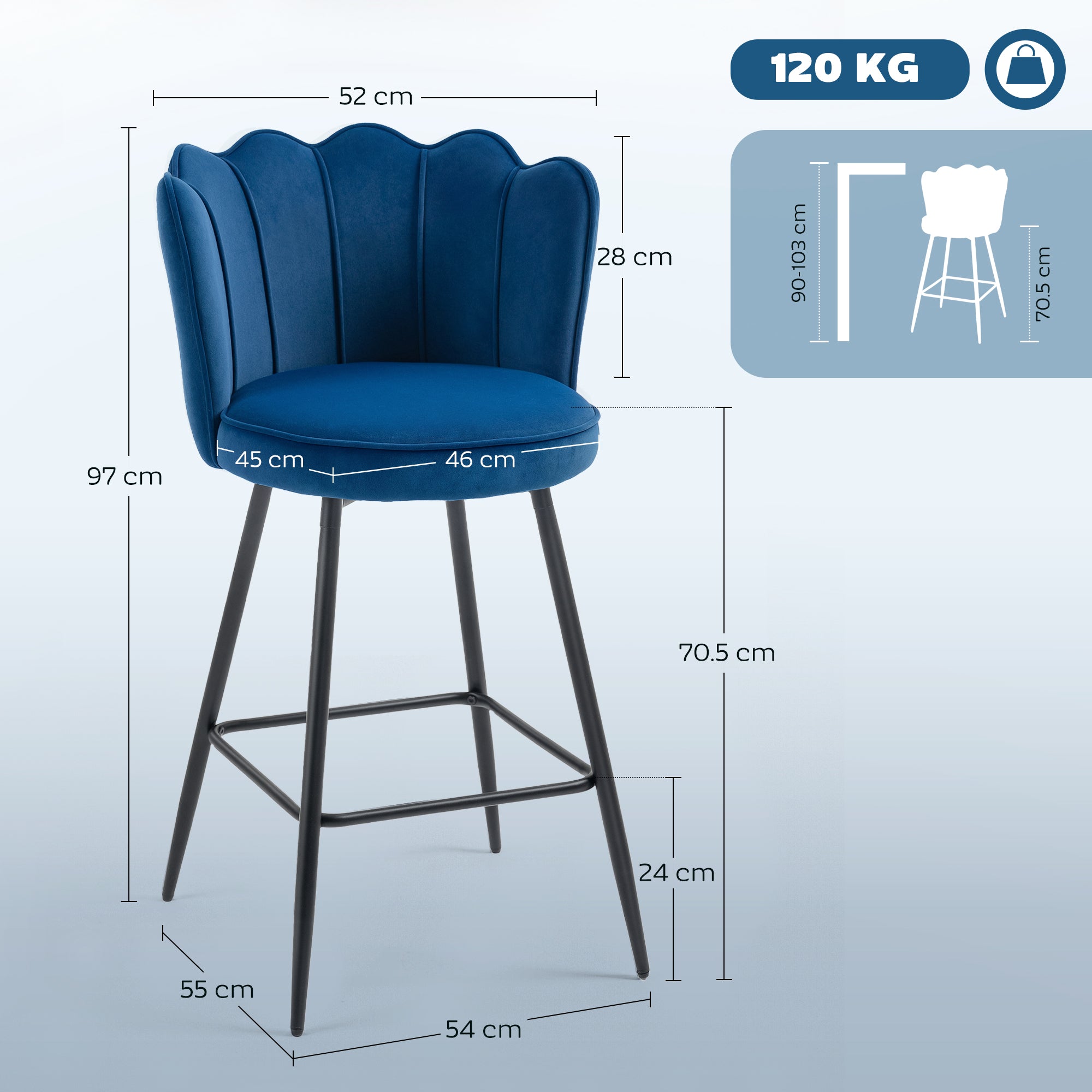 Fynco - Set of Two Velvet-Feel Lotus Bar Stools - Dark Blue