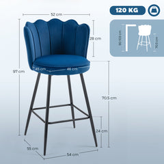 Fynco - Set of Two Velvet-Feel Lotus Bar Stools - Dark Blue