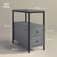 Side Table, Narrow Bedside Table with 2 Drawers and Storage Shelf, Industrial End Table with Metal Frame for Small Spaces, Grey Wood Grain