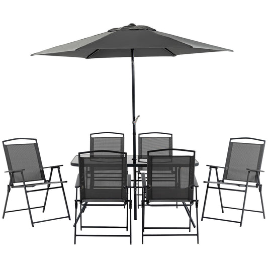 Eight-Piece Garden Dining Set, with Chairs, Table and Parasol - Black