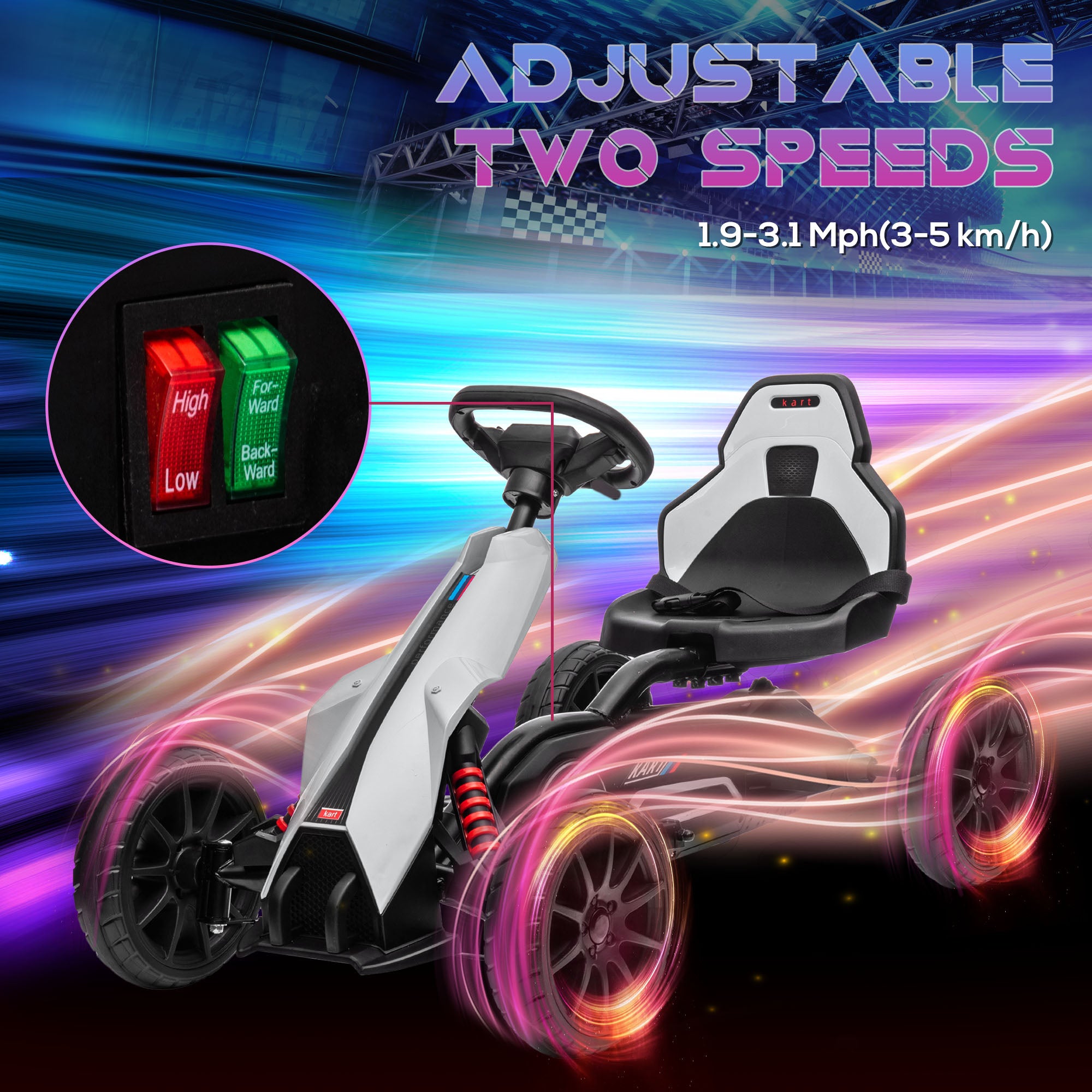 12V Electric Go-Kart for Kids, Ride-On Racing Go-Kart, with Forward and Reversing Functions, for Ages 3-8 Years - White