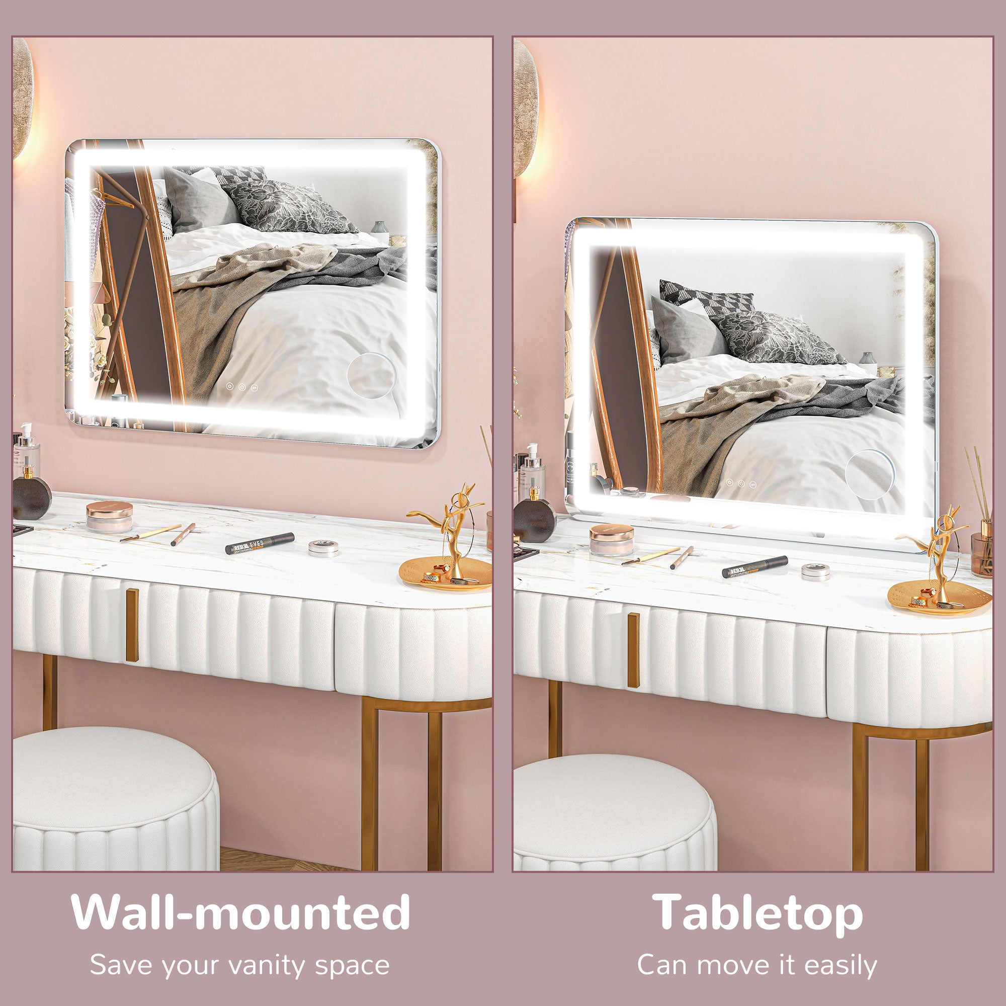 Vanity Mirror with Lights, Large Lighted Makeup Mirror with 3 Colour Lighting Modes, 10X Magnifying, USB Charging Port, Touch Screen, Tabletop or Wall Mounted Design for Bedroom, White