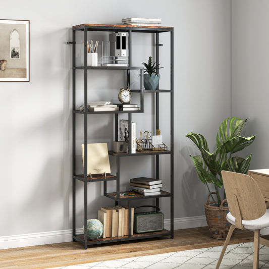 Fynco - Seven-Tier Geometric Bookcase - Brown/Black