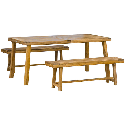 3 Pieces Picnic Bench Set with Table and 2 Benches, Acacia wood Dining Trestle Beer Table and Seat, Natural Wood Finish