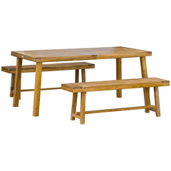 3 Pieces Picnic Bench Set with Table and 2 Benches, Acacia wood Dining Trestle Beer Table and Seat, Natural Wood Finish