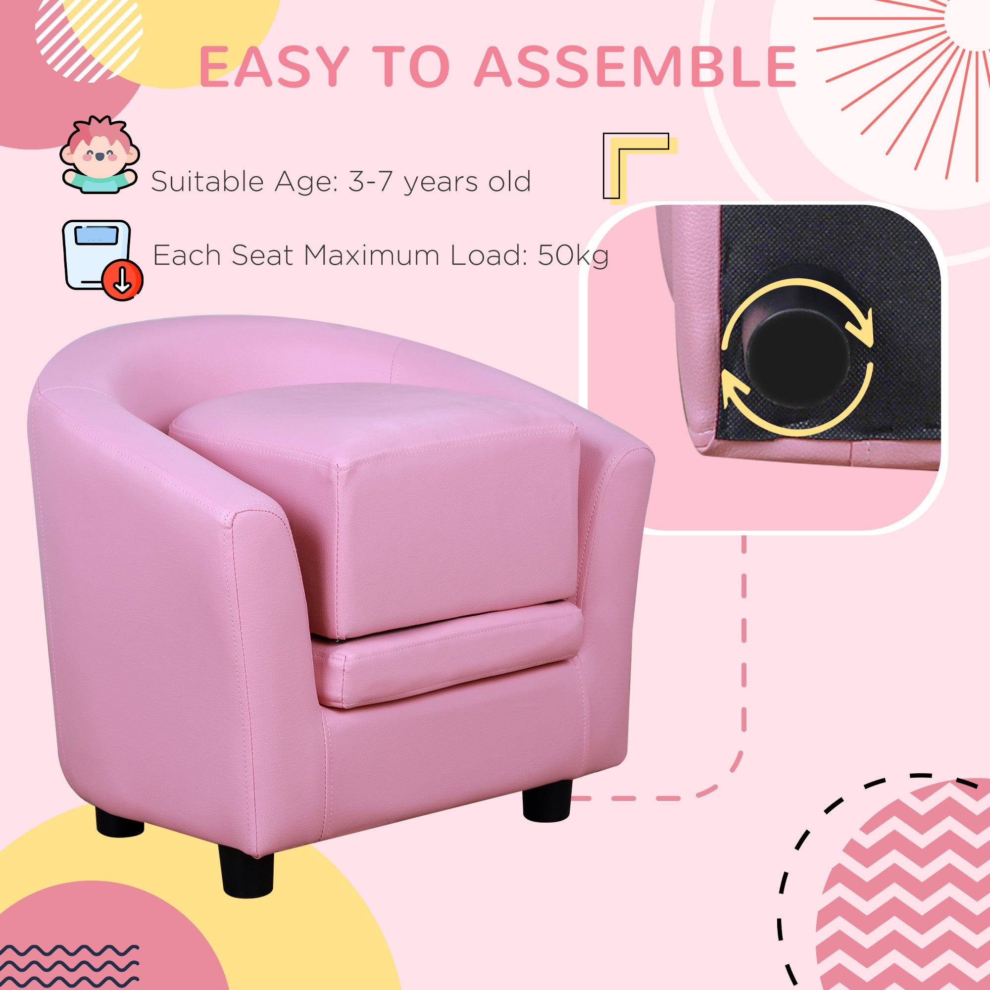 Kids Toddler Sofa Children's Armchair Footstool with Thick Padding, Anti-skid Foot Pads, 30 x 28 x 21cm, Pink