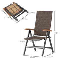 Folding Rattan Garden Dining Chair with 5-level Reclining High Back, Wood Armrests for Outdoor, Patio - Brown