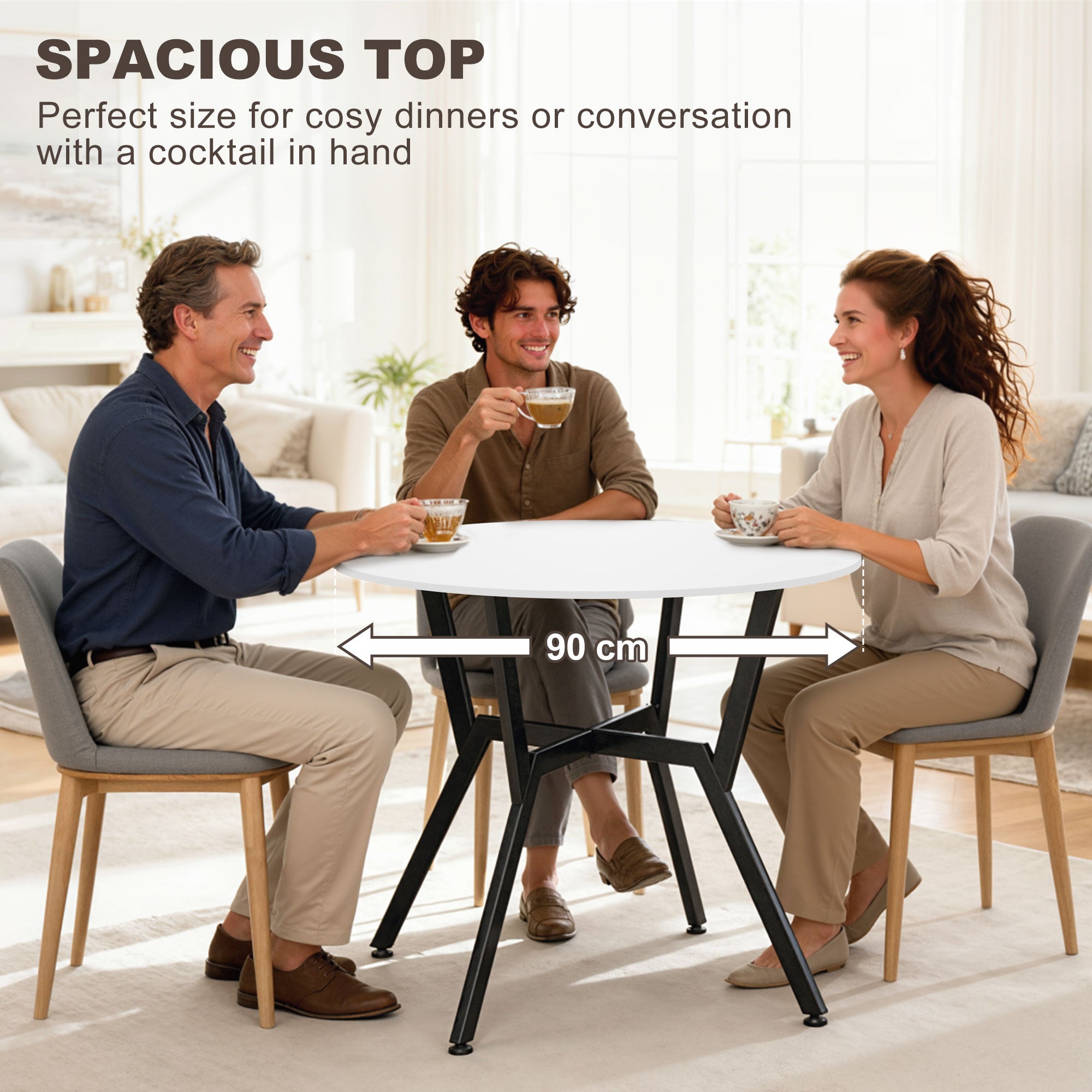 Fynco - Dining Table, Round Kitchen Table with Black Legs for Living Room, Dining Room 90 x 76 cm, High Gloss White