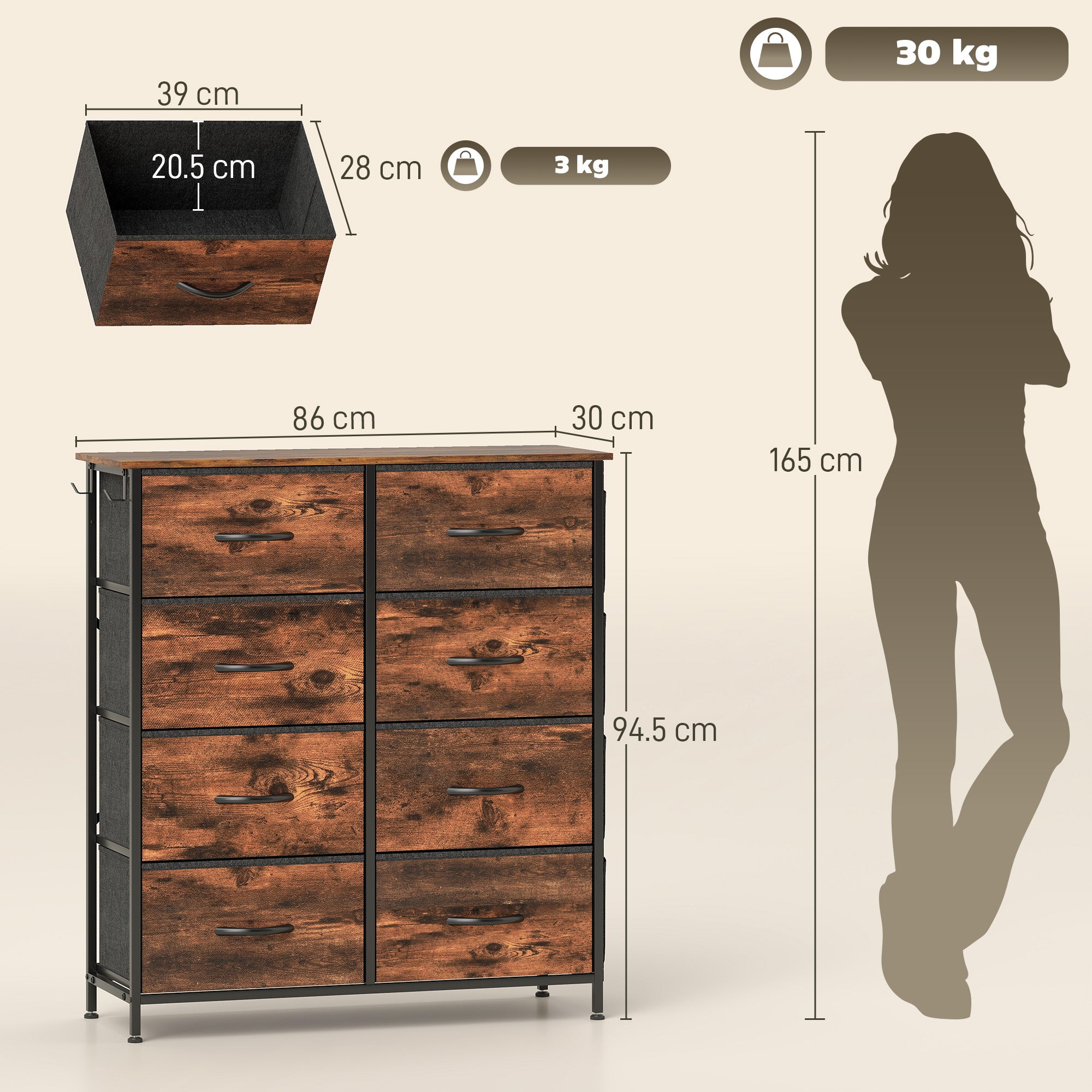 Chest of Eight Fabric Drawers - Rustic Brown