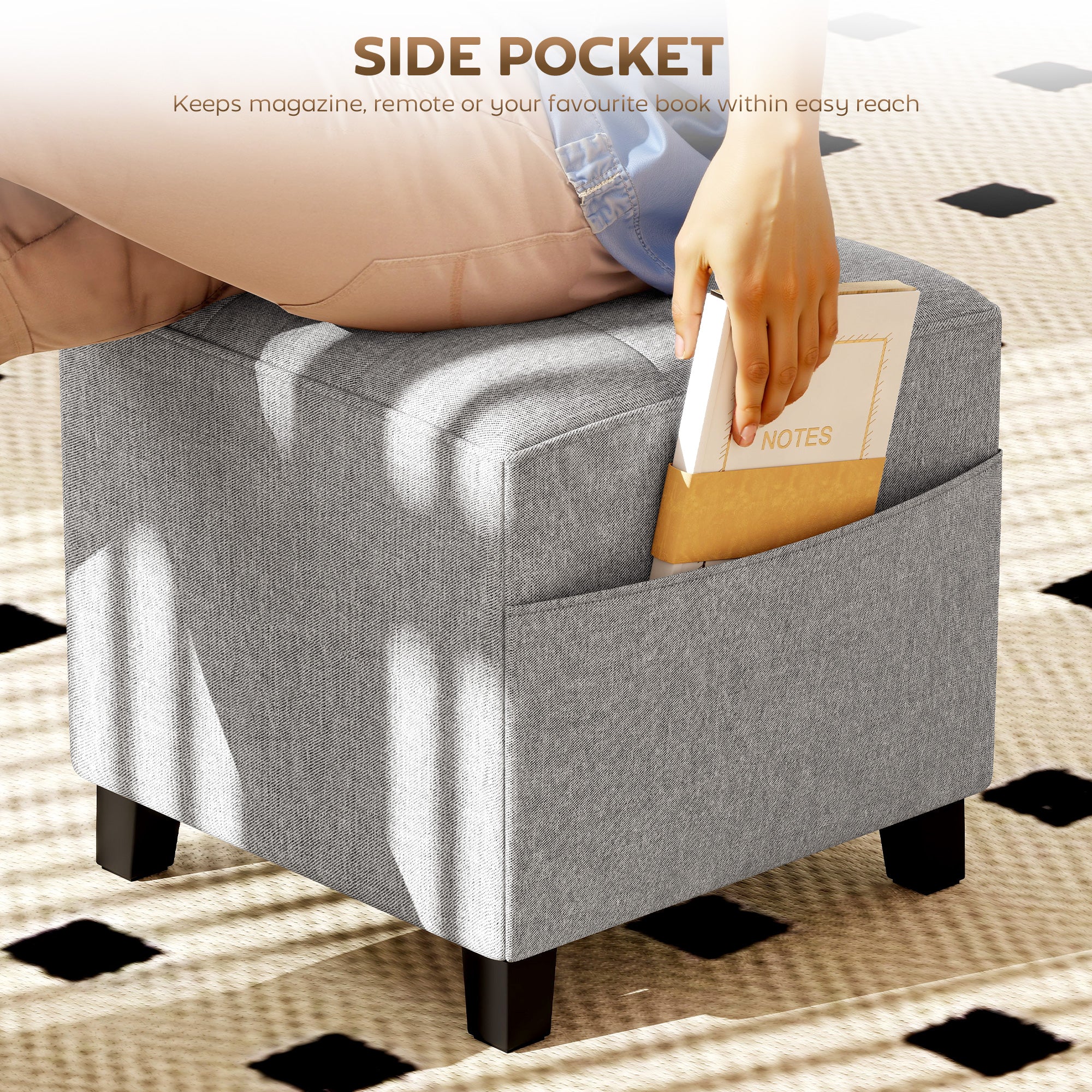 Fynco - Square Footstool, Small Ottoman with Side Pocket, Linen Fabric Footrest Foot Stool with Rubber Wood Legs and Padded Seat for Living Room, Bedroom, Entryway, 35 x 35 x 35cm, Light Grey