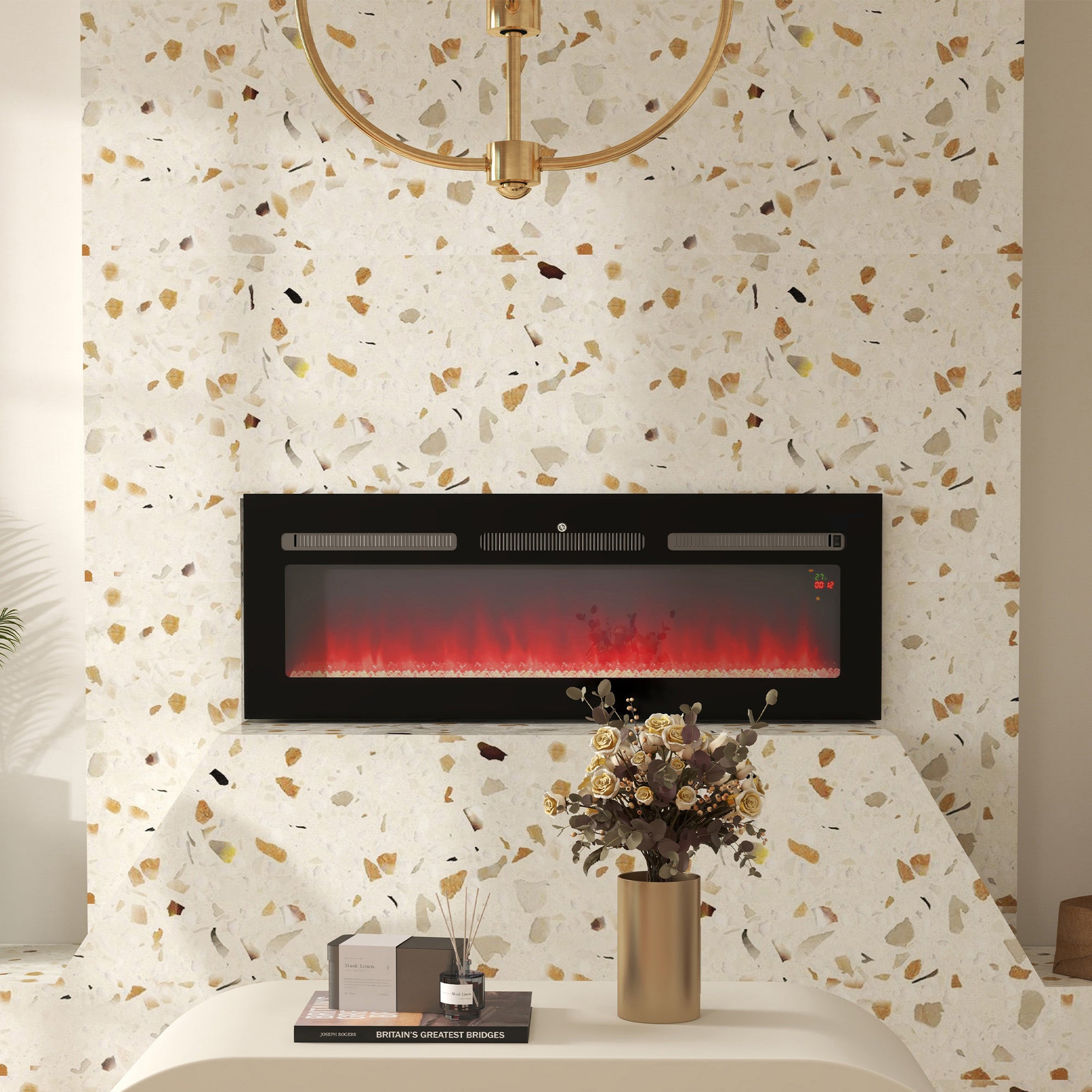 Fynco - 127cm/50" Electric Fireplace, 2000W Recessed and Wall Mounted Electric Fire with Remote Control, 9 Flame Colour and Crystal, Black