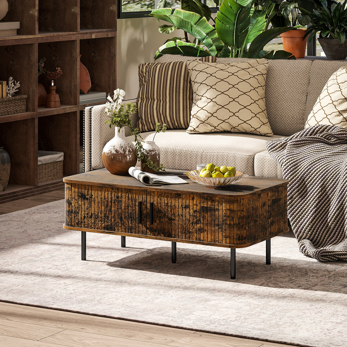 Coffee Table with Storage, Living Room Table with Slatted Tambour Sliding Doors and Foot Pads, Rectangular Coffee Table with Elevated Base for Living Room, Rustic Brown
