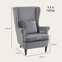Modern Accent Chair, Upholstered Wingback Armchair with High Backrest and Pillow, Velvet-Feel Fabric Reading Chair with Solid Wood Legs for Living Room, Bedroom, Home Office, Dark Grey