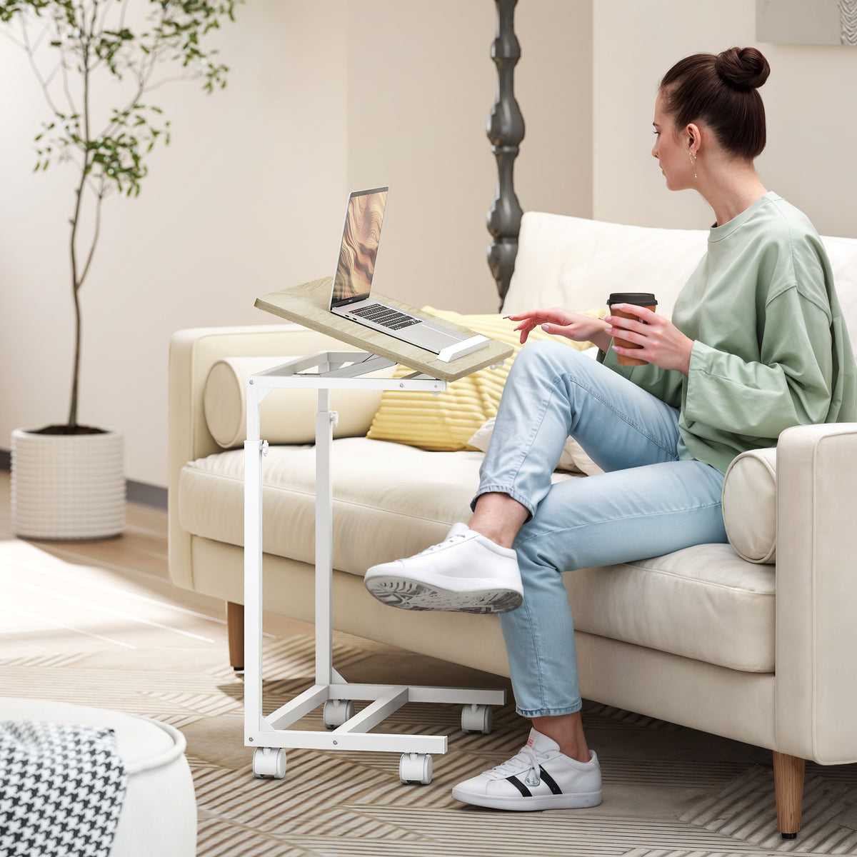 C-Shaped Sofa Side Table, Height Adjustable Overbed Table with Tilting Desktop, Mobile Laptop Desk for Living Room Bedroom, Oak and White
