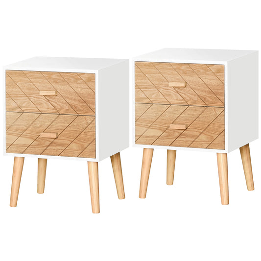 2 Drawers Bedside Table with Pine Legs, Bedroom Wooden Storage Cabinet, Set of 2, Natural