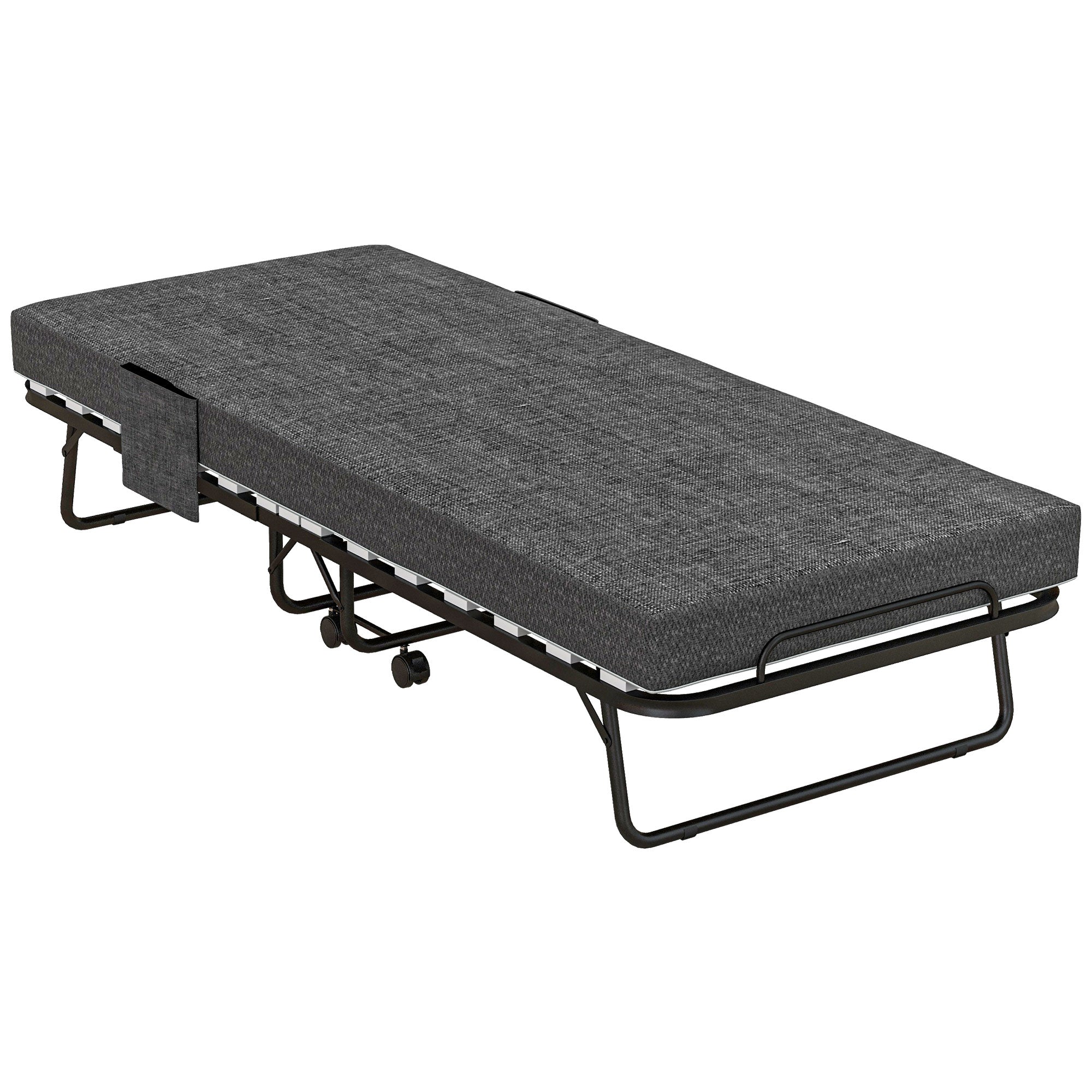 Single Steel Frame Folding Bed, with Wheels - Black/Grey