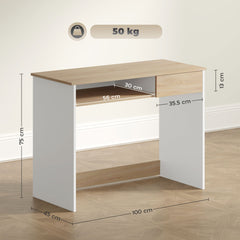 100cm Compact Computer Desk with Keyboard Tray, Home Office Desk with Drawer for Bedroom Study, Oak