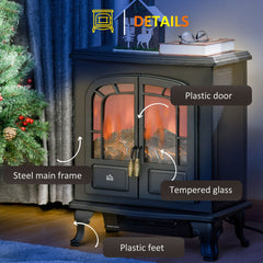Fynco - Electric Fireplace Stove Heater with LED Fire Flame Effect, Double Door, Freestanding & Portable with Overheat Protection, 1000W/2000W, Black