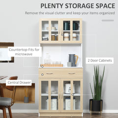 Modern Kitchen Cupboard, Freestanding Storage Cabinet Hutch with Central Drawer, 2 Glass Door Cabinets and Countertop, 180cm