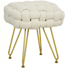 Velvet-Feel Bold Woven Footstool - Cream White