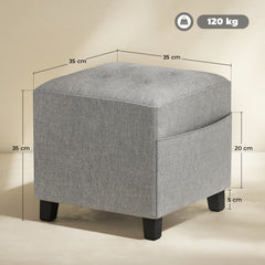 Fynco - Square Footstool, Small Ottoman with Side Pocket, Linen Fabric Footrest Foot Stool with Rubber Wood Legs and Padded Seat for Living Room, Bedroom, Entryway, 35 x 35 x 35cm, Light Grey