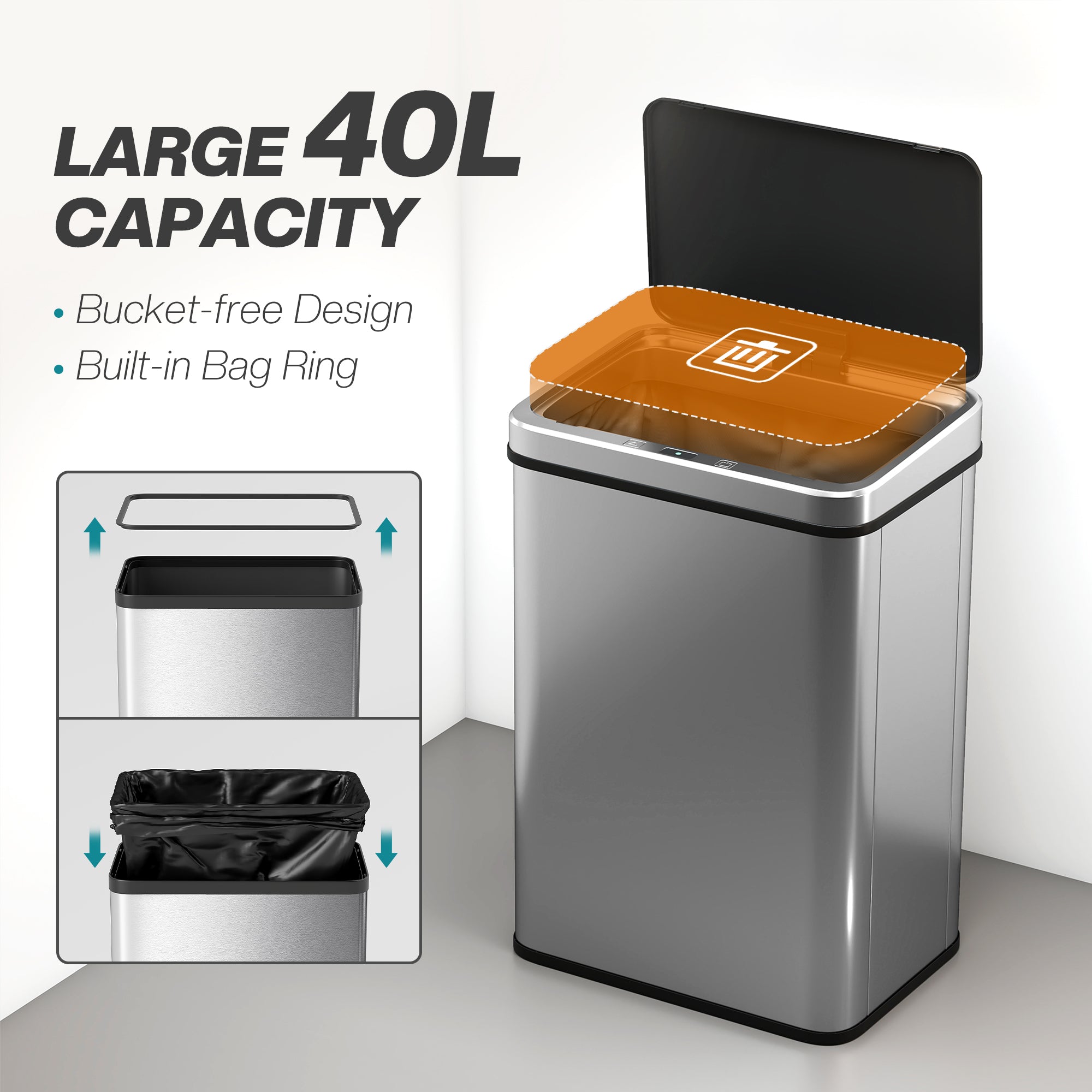 Fynco - 40L Sensor Bin with Quiet Soft-Close Lid, Automatic Touchless Motion Sensor Kitchen Bin with Fingerprint Resistant Stainless Steel for Hygienic Gyms, Home Office Use, Silver Tone