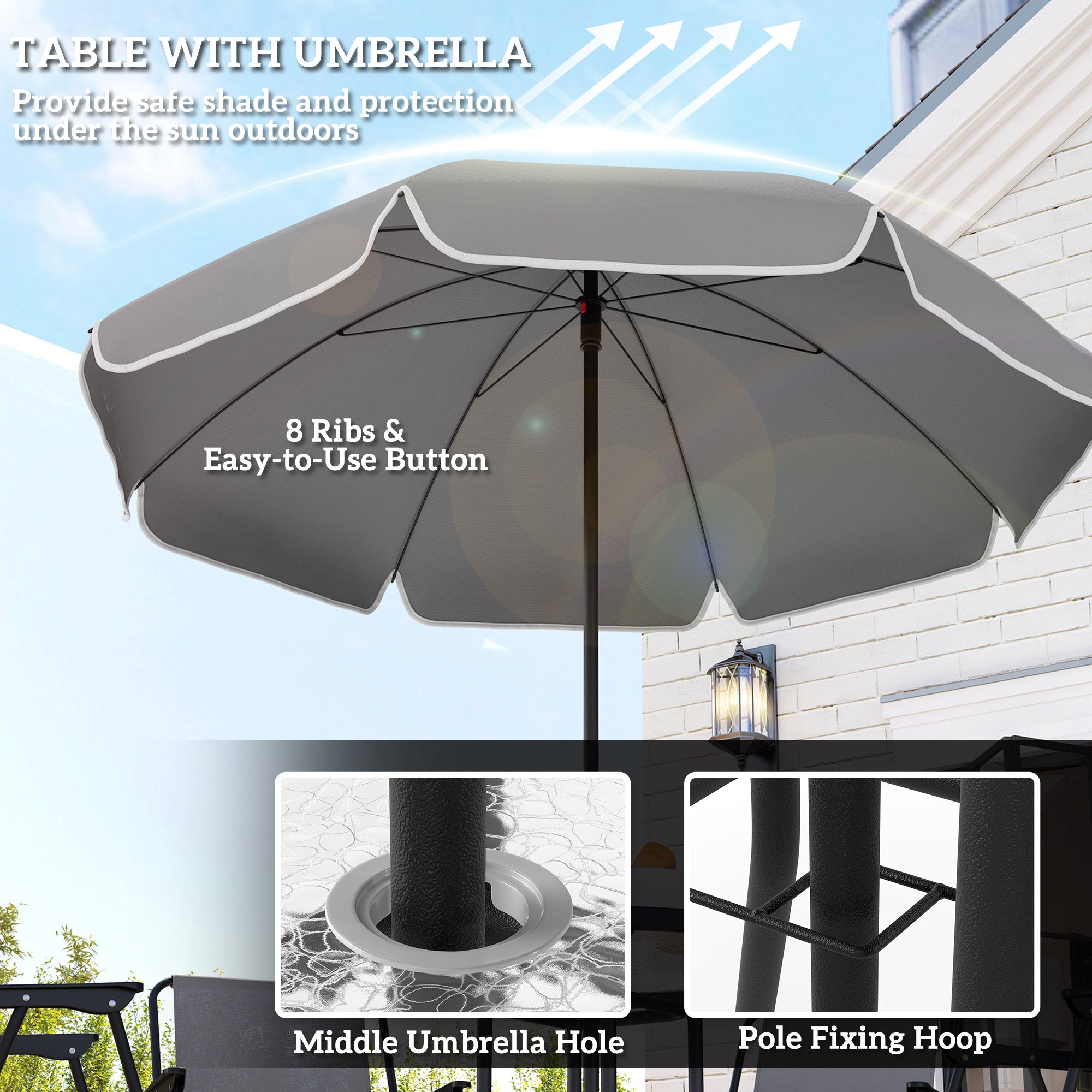 4 Seater Garden Furniture Set, 6 Pieces Garden Table and Chairs with Parasol, Outdoor Garden Dining Set with Folding Chairs and Round Glass Top Table for Patio, Grey