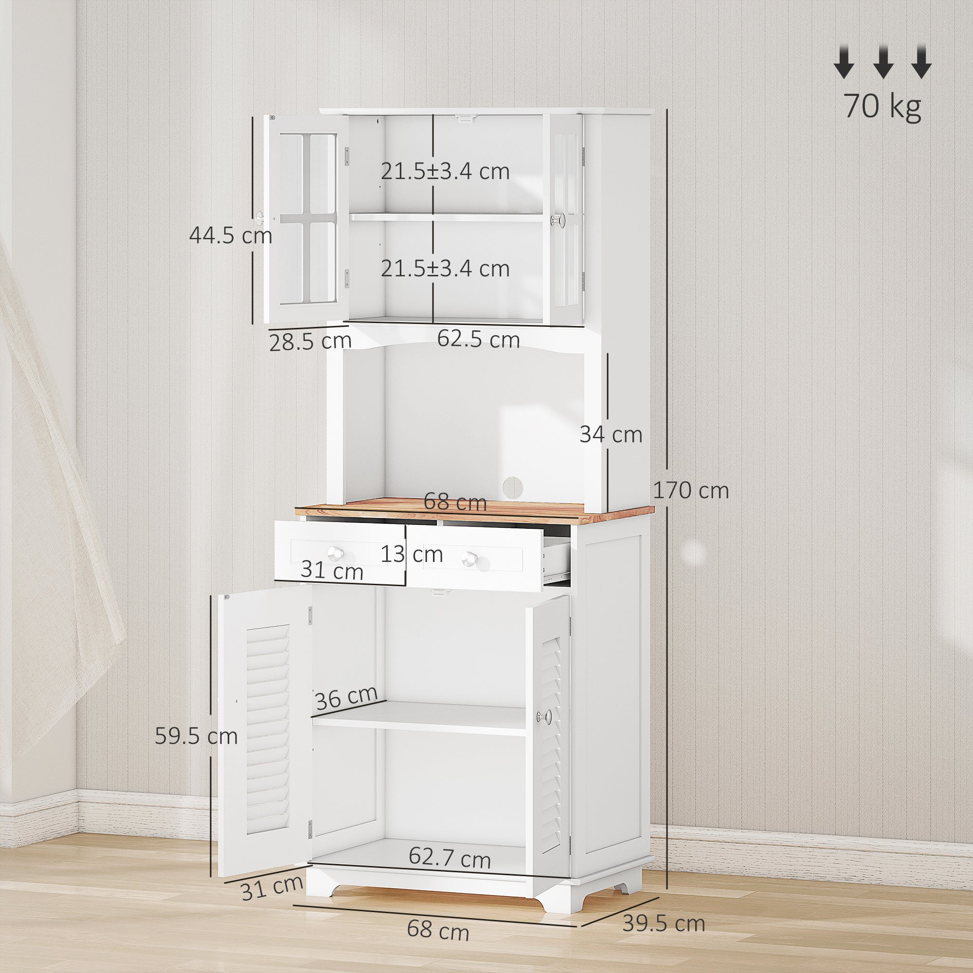Modern Kitchen Cupboard, Louvered Kitchen Storage Cabinet with Framed Glass Doors and 2 Drawers, White