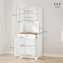 Modern Kitchen Cupboard, Louvered Kitchen Storage Cabinet with Framed Glass Doors and 2 Drawers, White