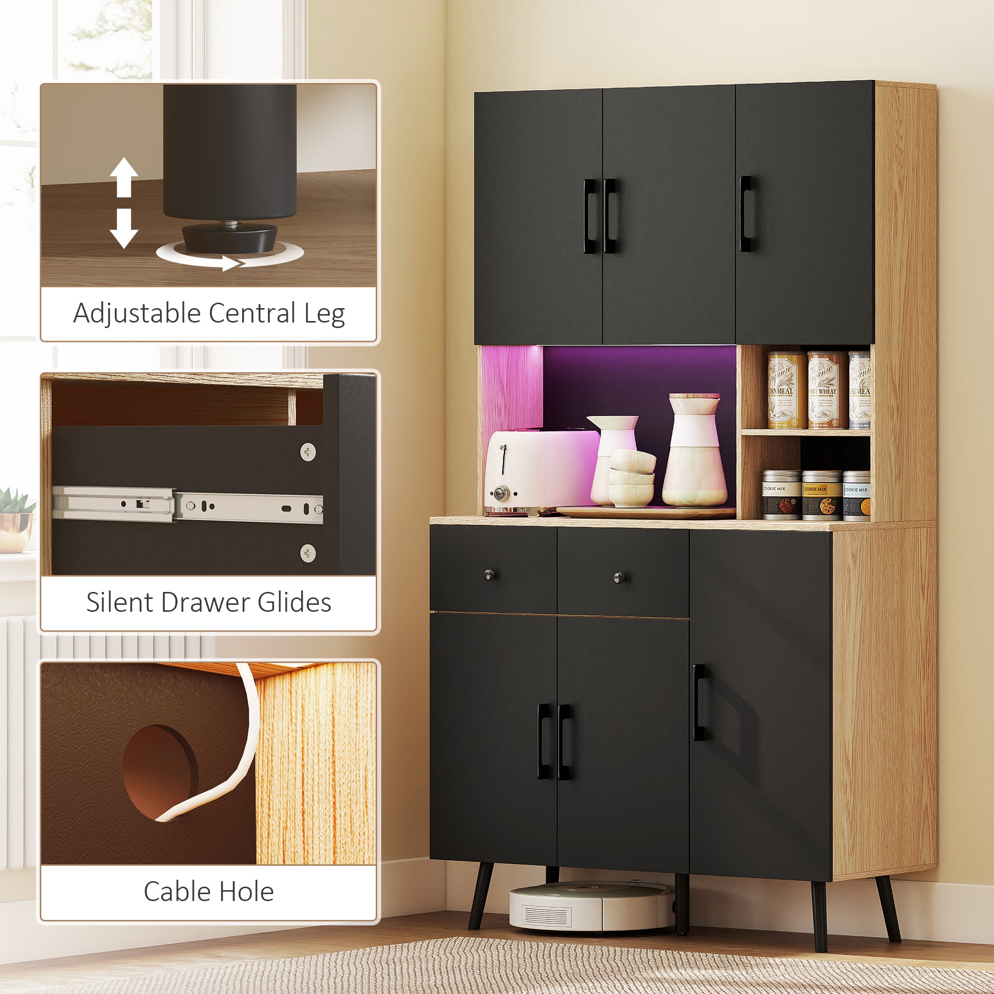 176 cm Kitchen Cupboard with LED Lights - Oak and Black