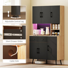 176 cm Kitchen Cupboard with LED Lights - Oak and Black