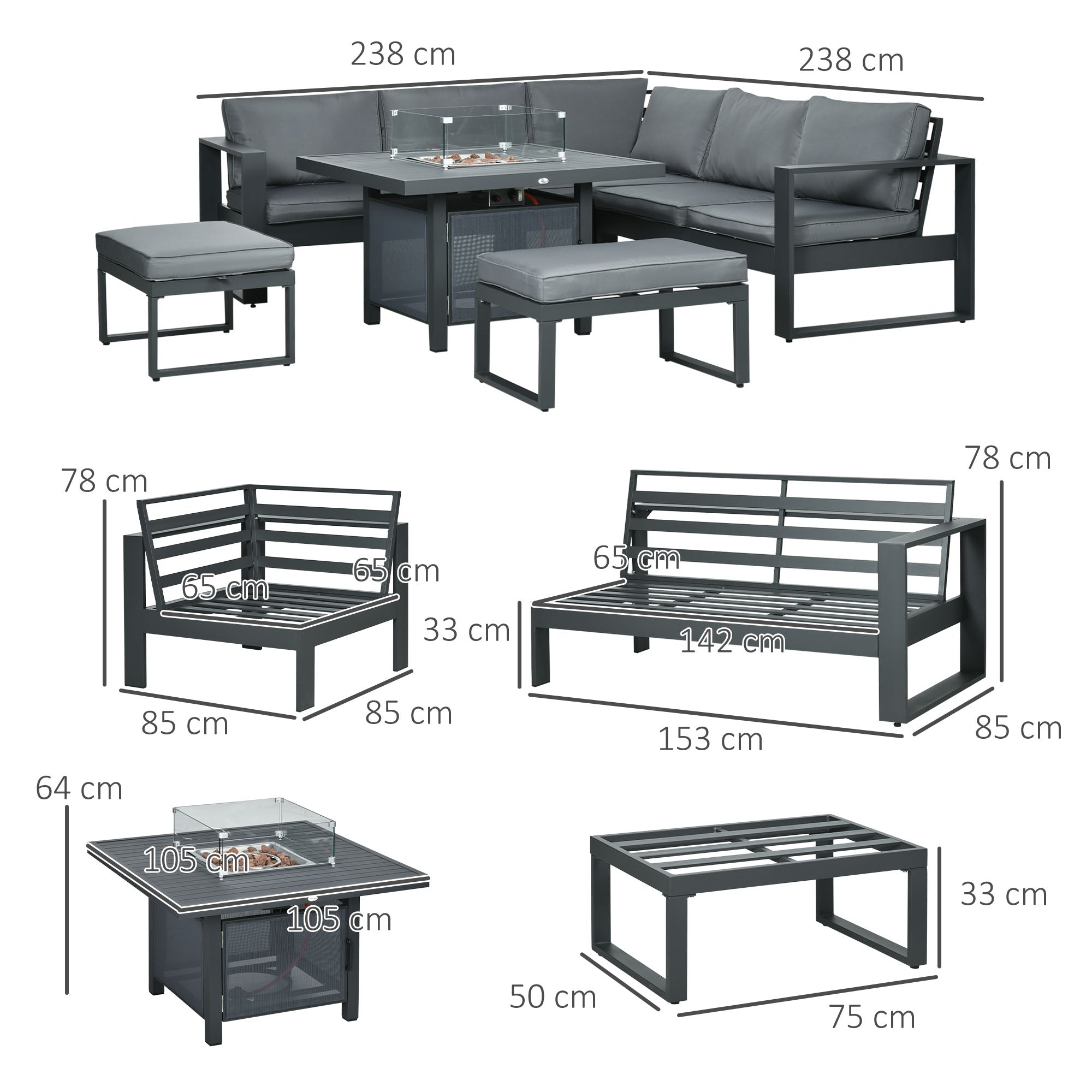 6-Piece Aluminium Garden Furniture Set with Fire Pit Table, Outdoor Dining Sofa Set with Cushions, Loveseats and Footstools, Sectional Corner Conservatory Furniture for Patio, Grey