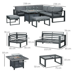 6-Piece Aluminium Garden Furniture Set with Fire Pit Table, Outdoor Dining Sofa Set with Cushions, Loveseats and Footstools, Sectional Corner Conservatory Furniture for Patio, Grey