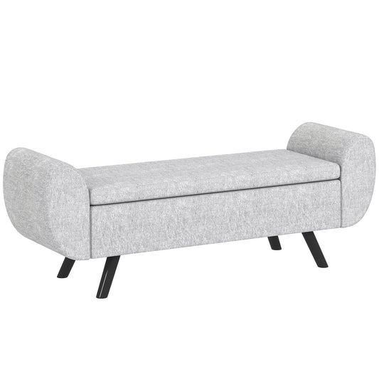 Storage Ottoman with Armrest, Upholstered Linen Storage Bench, Window Seat with Rubberwood Legs, Footstool for Bedroom Living Room, Hallway, Light Grey