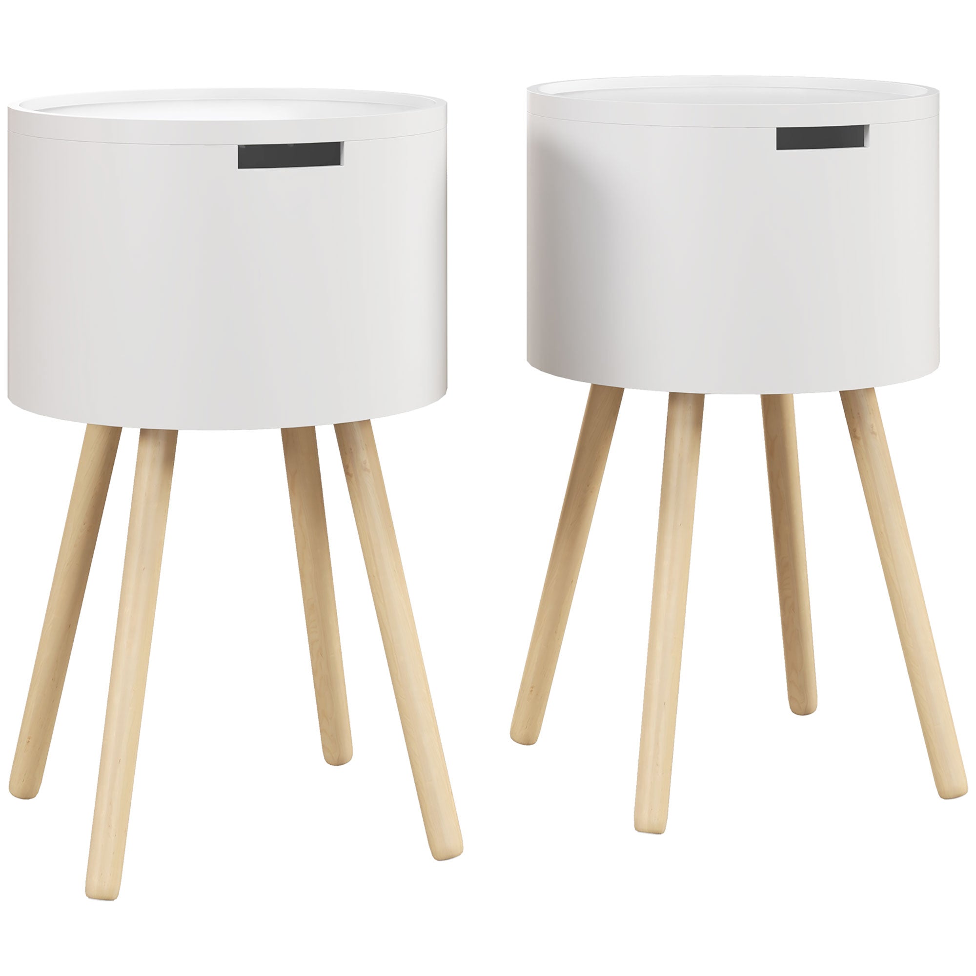 Modern Side Table with Hidden Storage Space, Round Night Stand with Removable Tray Wood Frame End Coffee Table for Living Room, Set of 2, White