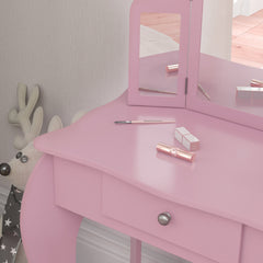 Fynco - Kids Vanity Table and Chair Set with Tri-Folding Mirror and Stool, Makeup Dressing Table with Drawer, Pink