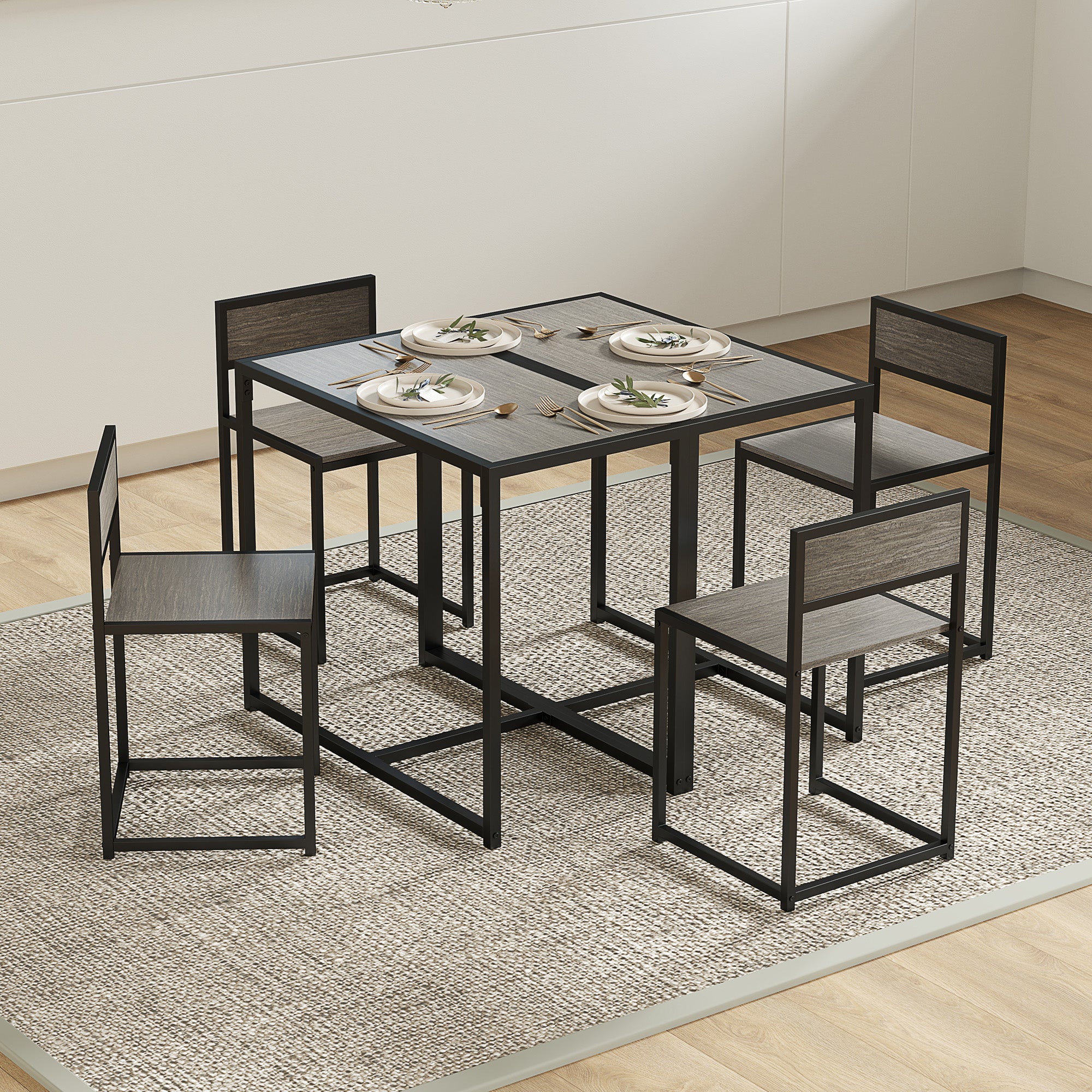 Dining Table and Chairs Set 2, Dining Room Sets, Rectangular Space Saving Table and 2 Chairs for Compact Kitchens, Steel Frame, Grey Wood-Effect