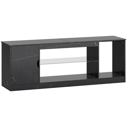 TV Stand Cabinet, Marble Effect TV Unit for up to 55" TVs with Glass Shelf and Storage Cabinet, Entertainment Unit for Living Room, Bedroom, Black