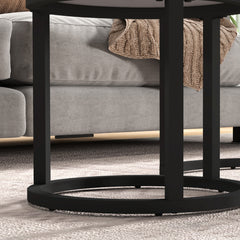 Glass Coffee Table Set of 2, Round Nest of Tables with Marble-Effect Tempered Glass Tabletop and Steel Frame, Modern Side Tables for Living Room, White